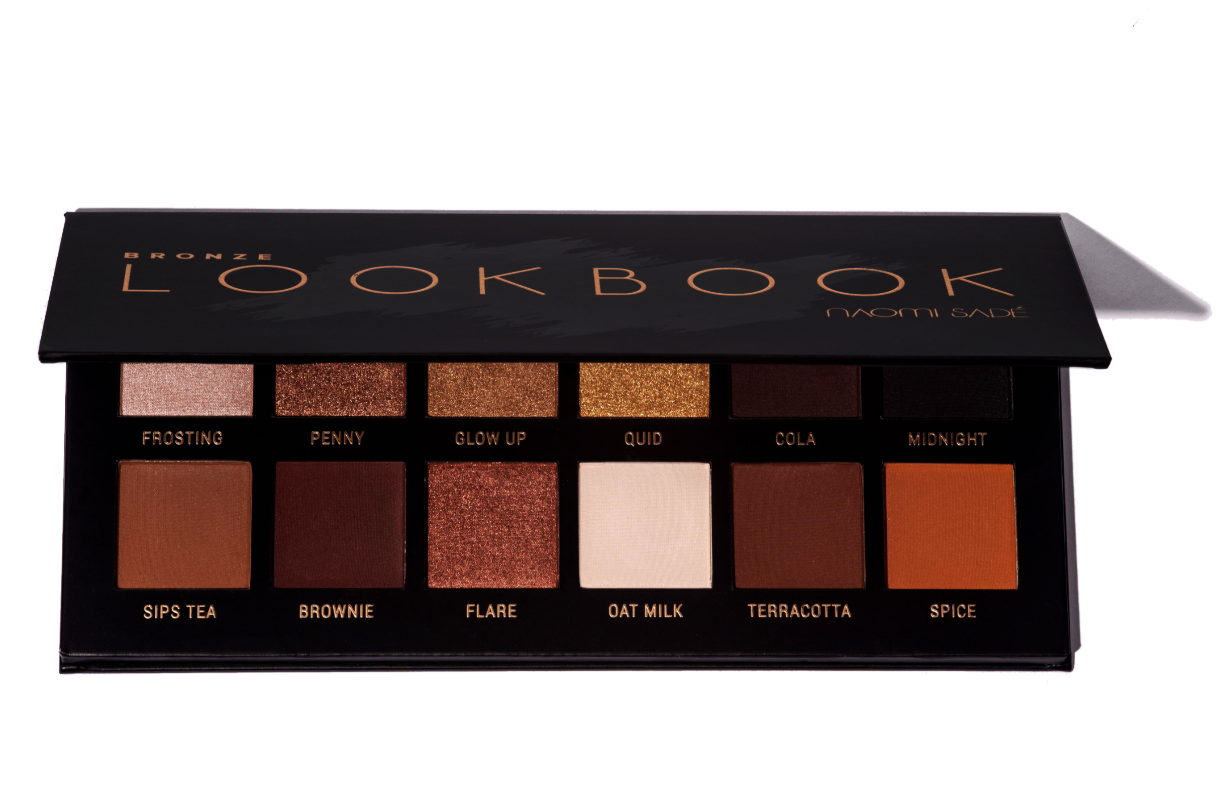 Bronze Lookbook Eyeshadow palette. 5 gold, bronze, copper shimmer shades and 5 variations of warm brown, burnt orange, cream eyeshadows with an extra dark black eyeshadow. All vegan cruelty free eyeshadow.